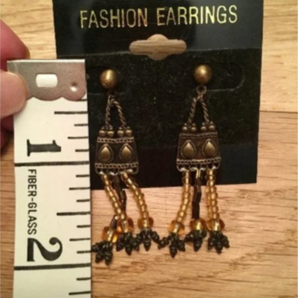 NWT Mixed Metal Costume Brown and Gold Beaded Earrings - Picture 2 of 4